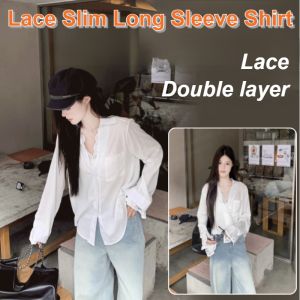 Korean Style Lace Shirt Loose White Long Sleeve V-neck Splicing Sun Protection Shirt