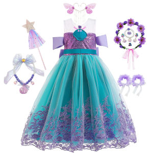 Kids Ariel Inspired Mermaid Dress Luxury Embroidery Tulle Gown with Bow Back for Halloween Birthday Cosplay Stage Performance