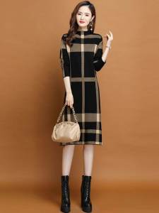 Autumn and Winter Match with Coat Ladieswear Knitwear Base Dress Female Mid Length Long Length Gingham Wool below the Knee Sweater Dress