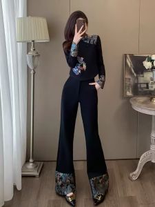 New Chinese Style Embroidered Casual Sports Set Womens Spring Autumn Fashion Slimming Wide Leg Pants Two Piece Set
