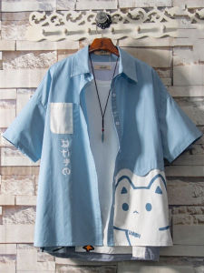 Summer Japanese Short-Sleeved Shirt Cute Cat for Teenagers Trendy Male K-style Ins Trendy Handsome Student Shirt