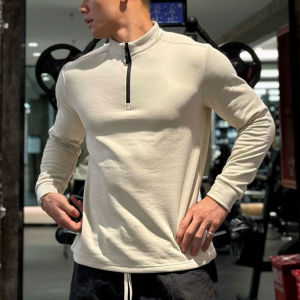 เสื้อผ้าออกกำลังกายฤดูใบไม้ร่วง/ฤดูหนาวสำหรับผู้ชาย ปกเสื้อแขนยาว ผ้าขนแกะ ซิปครึ่งตัว อบอุ่น สำหรับออกกำลังกาย วิ่ง ฟิตเนส