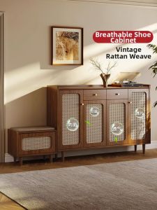 FANLUOWEI | Vintage Wooden and Rattan Storage Cabinet