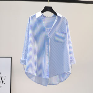 Womens Long Sleeve Shirt Spring Autumn Single Pocket Back Split Striped Brand Discount Tagless Fashion Sun Protection Top