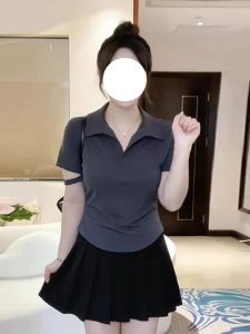 Plus Size Asymmetrical Polo Collar Short Sleeve T-shirt Womens Summer Plus Size Ladies Slim Looking Korean Slim Fit Lapel Curved Hem Tops