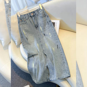 Retro Denim Mini Skirt Womens Summer High Waist A-Line Split Skirts Mid-Length Graffiti Bodycon Skirts Fashionable Commute