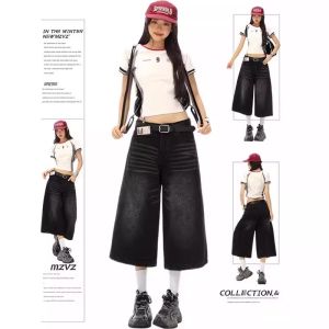 MZVZ | American Vintage Blue Washed Loose Wide Leg Straight Capri Pants