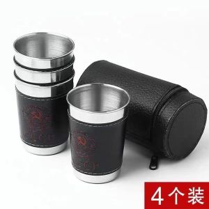 Portable Stainless Steel White Wine Cup Set of 4 Outdoor Travel Liquor Cup Camping Mug Retro Style Chinese Design with Cup Cover