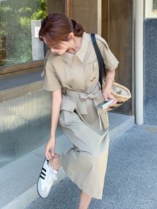 Khaki Workwear Style Long Dress Womens Summer 2025 New Korean Version Simple Elegance Waist Cinching Slim A-Line Dress