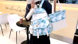 Balo Ulzzang Màu Loang 5in1 Dễ Thương Phong Cách Vintage Dành Cho Các Bạn Nữ Tặng Kèm Phụ Kiện Và Móc Thú Nhồi Bông