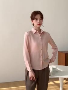 AMMIN 2025 Spring and Autumn Cherry Blossom Pink Satin Shirt for Women Korean Style Simple Lapel Classic Single-Breasted Professional Formal Long Sleeve High-End Elegant Blouse