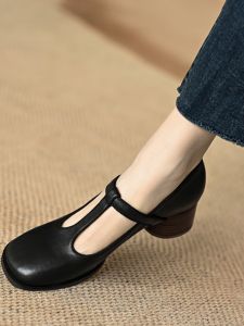 M Single-Layer Shoes Womens Spring Retro round Toe Simple Leather Shoes Soft Sheepskin Mid Heel T Shape with Mary Jane Womens Shoes