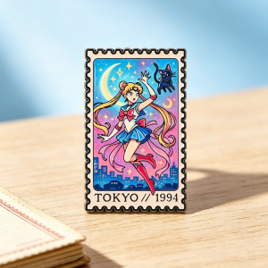 Bandai | Vintage Stamp Shape Magical Girl Enamel Pin Retro Anime Character Metal Lapel Badge for Clothing Backpack Decor Gift