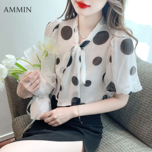 Ammin mùa hè mới v-cổ với Bow Streamer Polka in chấm bi đi lại áo cánh Vải Voan Nữ phiên bản Hàn Quốc phong cách ngọt ngào tay áo phồng Thời trang Ngắn Tay Áo Blouse thanh lịch