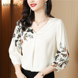 Ammin Áo voan ngắn tay chắp vá cổ chữ V thời trang đơn giản Mới Mùa Hè 2023 in hình bươm bướm Áo Blouse thanh lịch thiết kế xếp li tay phong cách Hàn Quốc bảy phần tư cho nữ
