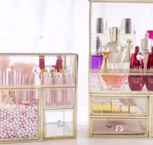 Elegant Luxury Golden Glass Overall Makeup Cosmetic Beauty Skincare Gold Aesthetic Desk Vanity Organizer Storage Box