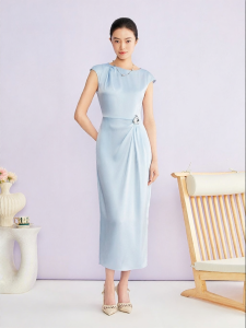 French Style Off-Shoulder Triacetate Blend Satin Drape Texture Dress