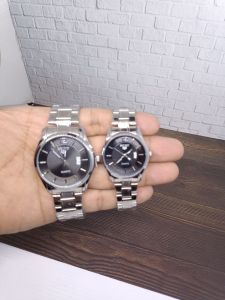 JAM TANGAN RANTAI TANGGAL CUOPLE SILVER BLACK WATER RESISTANT
