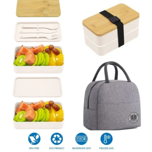 Wheat Straw Double Layer Bento Box Japanese Style Bamboo Lid Leakproof Lunch Container With Cutlery For Office Worker School Kid