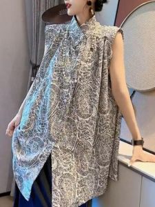 plus Size Loose Midi Dress Women Summer Sleeveless Maternity Dresses Conceal Belly Button Print Pleated H-Shape Polyester Fiber