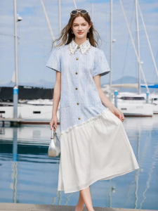 XIANGYING | Vacation Style Blue Striped Lace-spliced Shirt Dress