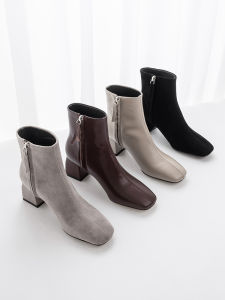 Cat Bear Home Autumn Winter Real Leather Square Head Medium Heel Martin Boots Womens New Style Slimming Frosted High Heel Grey Short Boots