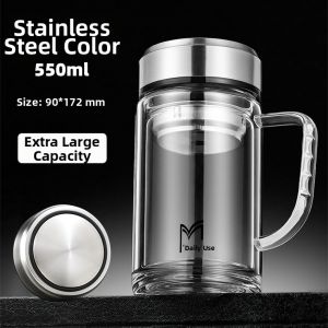 Heat Resistant Large Capacity Double Walled Glass Cup With Handle and Lid