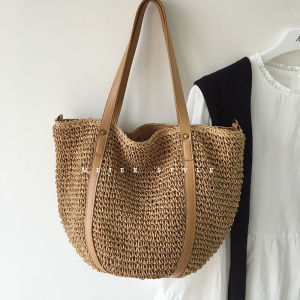 Retro Woven Straw Bag Large Capacity Bucket Bag Vegetable Basket Single Shoulder Big Bag INS Holiday Beach Bag Trendy Bag