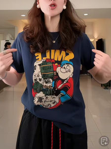 American Design Sailor Cartoon Print Pure Cotton Short Sleeve T-Shirt Women Summer Fashion Loose Top Korean Style High Waist