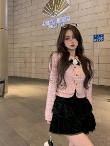 Sweet Small Fragrance Style Set High Waist Mini Skirt Doll Collar Plaid Coat Two Piece Set for plus Size Women Autumn Fashion