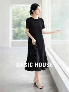 Basic House | Spliced Loose Black Short-sleeved Midi Dress