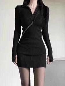 HUOLISI | Stylish Fit For Overcoat Knit Black Skinny Dress for Women Autumn and Winter