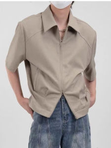 American Style Padded Shoulder Casual Short Sleeve Shirt Men Summer Khaki Double Zipper Slim Fit Short Coat Thin Outerwear