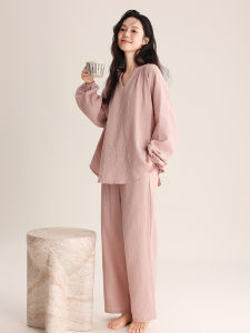 Pure Cotton Double Layer Gauze Sleepwear Long Sleeve Loose Home Clothes for Women Spring Autumn Comfortable Breathable Nightgown