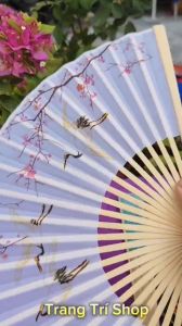 Quạt Cổ Trang Quạt Cầm Tay Bằng Vải Lụa Thân Tre Xếp Xòe Tròn Dùng Làm Trang Trí Quà Tặng