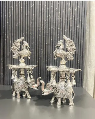 German Silver Elephant Peacock Diya: Kuthu Vilakku oil lamp