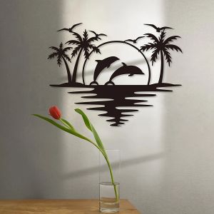 Miếng Dán Tường Hình Cá Heo & Cây Dừa Sáng Tạo Bằng Kim Loại Chủ Đề Bãi Biển Trang Trí Thủ Công Trong Nhà Ngoài Trời Cho Phòng Khách Phòng Ngủ Hành Lang