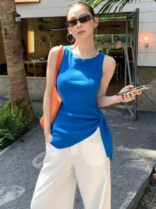 BINKAFENNY | Blue Asymmetrical Slit Strap Vest Women Summer Outdoor Design Slim Sweet And Spicy Girl Tie Waist Sleeveless Top