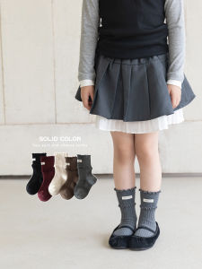 Girls Mid-Calf Cotton Socks Spring Autumn Korean Style Childrens Socks with Wood Grain Edge And Label Trendy Baby Socks
