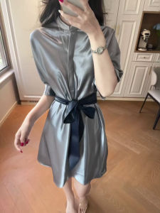 QFN | Elegant Satin Gray Luxurious Vintage Style Waist-cinching Dress