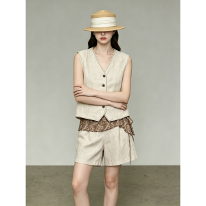GULILI | Khaki Linen Sleeveless Vest Shorts Set