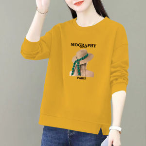 Womens Long Sleeve T-Shirt Pure Cotton Loose Fit Spring Autumn Korean Style Slimming Design Side Slit Casual Comfortable Top