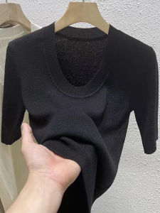 เสื้อยืดไหมน้ำแข็งคอวีแขนสั้นผู้หญิงฤดูร้อน 2025 เสื้อผ้าทำงานสไตล์เกาหลีทรงสลิมฟิตบางเฉียบ คอตั้ง ปกติ