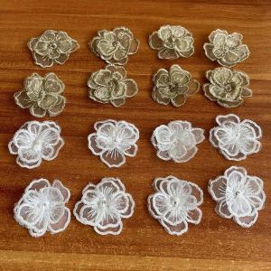 16PCS/4CM WhiteGold 3d Floral Flowers Embroidered Sew On PatchOrganza Clothes Rose Lace Applique For SewingDresses Decoration