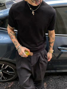 Heavyweight 300g Black Short Sleeve Mens Cleanfit American Style Small Collar Shoulder T-shirt Pure Cotton Half Sleeve