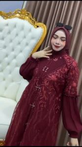 Novia Dress Kondangan Elegan Bahan Ceruty Baby Doll Mix Brukat Aplikasi Mutiara Payet Gamis Brukat Mewah Terbaru
