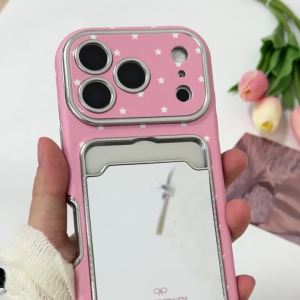 Cute Pink Mirror Card Holder Phone Case For iPhone 16 15 14 13 Pro Max Star Print Wallet Cover With Flower Charm Wrist Strap Y2K