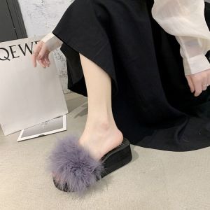 2024 Summer Womens Platform Slippers Thick Bottom High Heels Real Fur Clogs Sweet Style Flat Heel Rubber Outsole Mixed Material