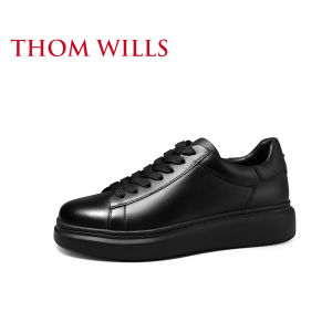 รองเท้าผ้าใบลำลองหนังวัวชั้นบน THOM WILLS สำหรับผู้ชาย สีดำ รองเท้าบู๊ตส้นเตี้ย ระบายอากาศได้ดี หัวมน ด้านล่าง EVA