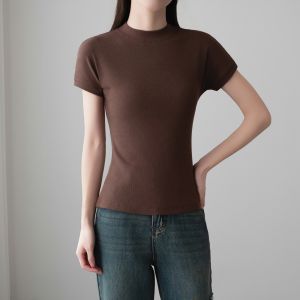 Elastic Thread Cotton Short Sleeve T-Shirt Womens Outerwear Slim Fit round Neck Half Sleeve Shoulder Drop Base Shirt Top